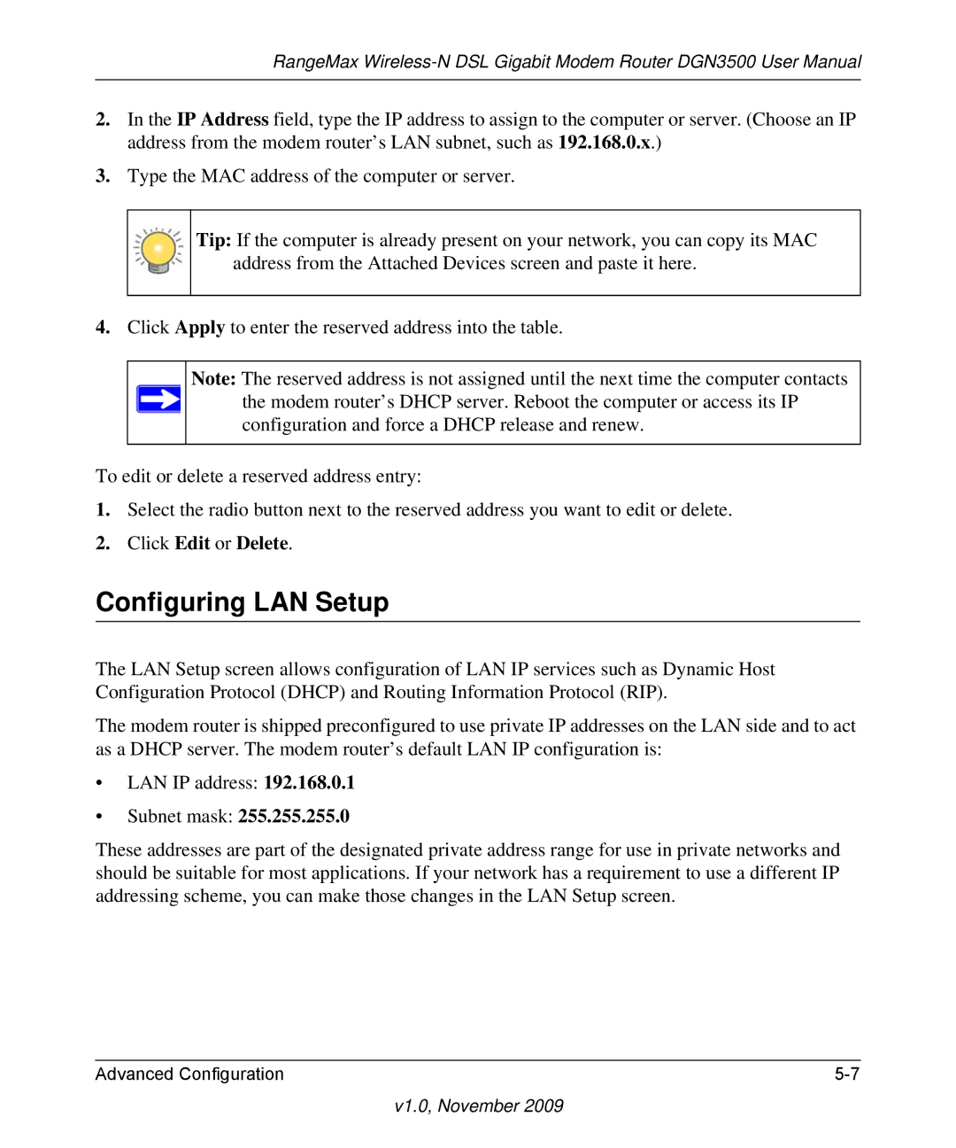 NETGEAR DGN3500-100NAS user manual Configuring LAN Setup 