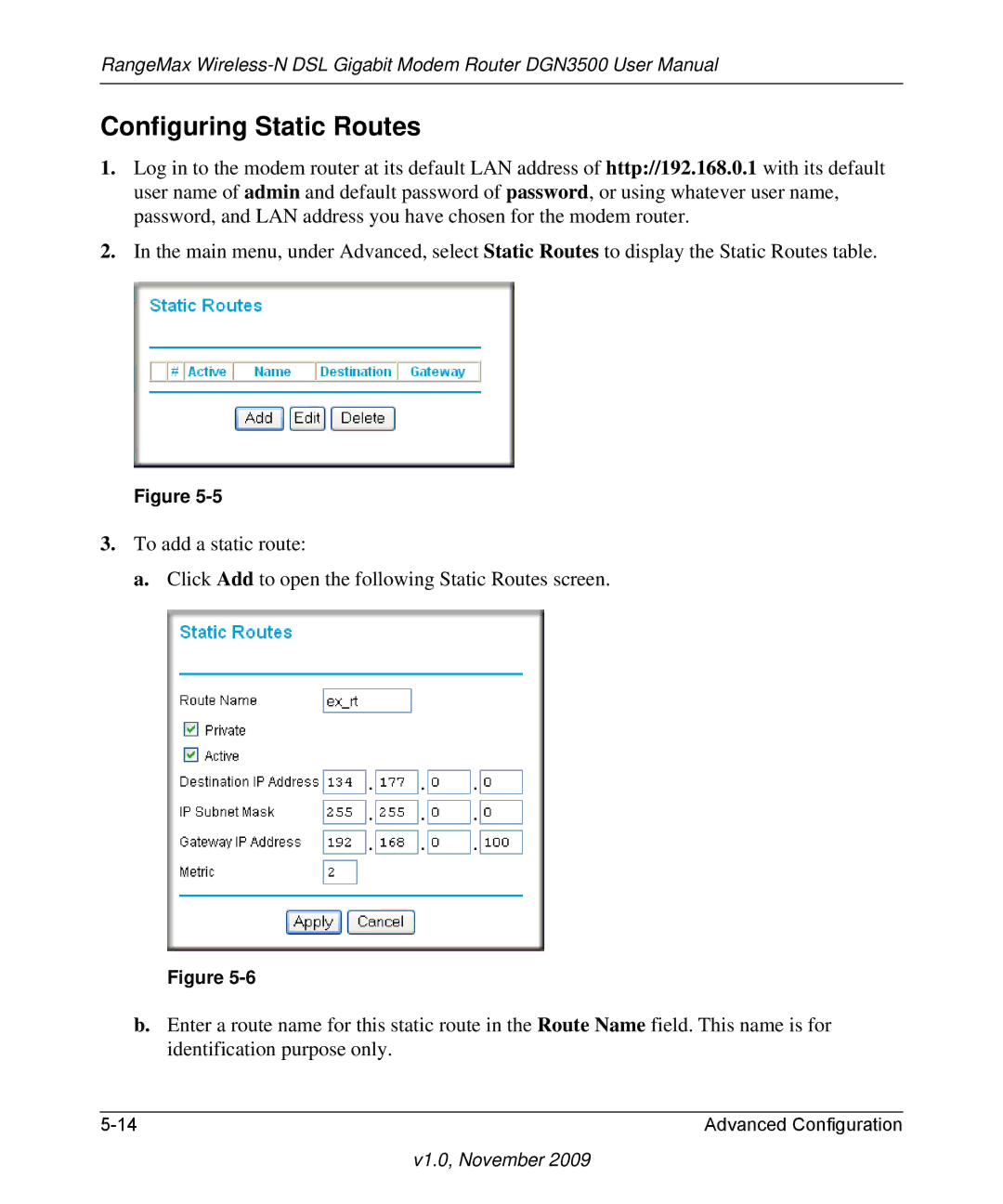 NETGEAR DGN3500-100NAS user manual Configuring Static Routes 