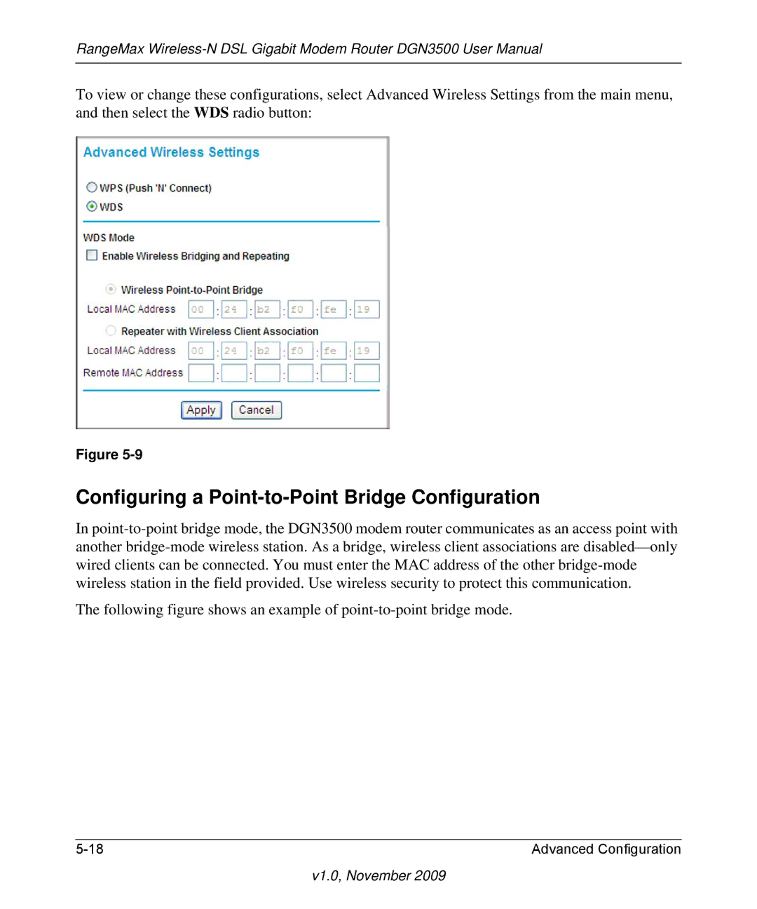 NETGEAR DGN3500-100NAS user manual Configuring a Point-to-Point Bridge Configuration 