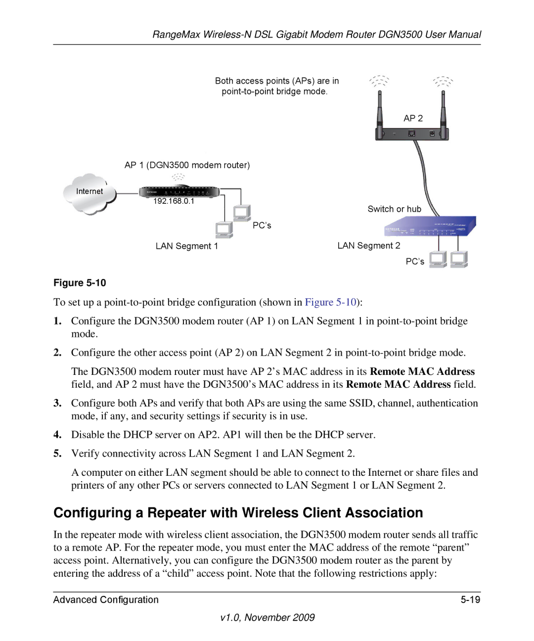 NETGEAR DGN3500-100NAS user manual Configuring a Repeater with Wireless Client Association 