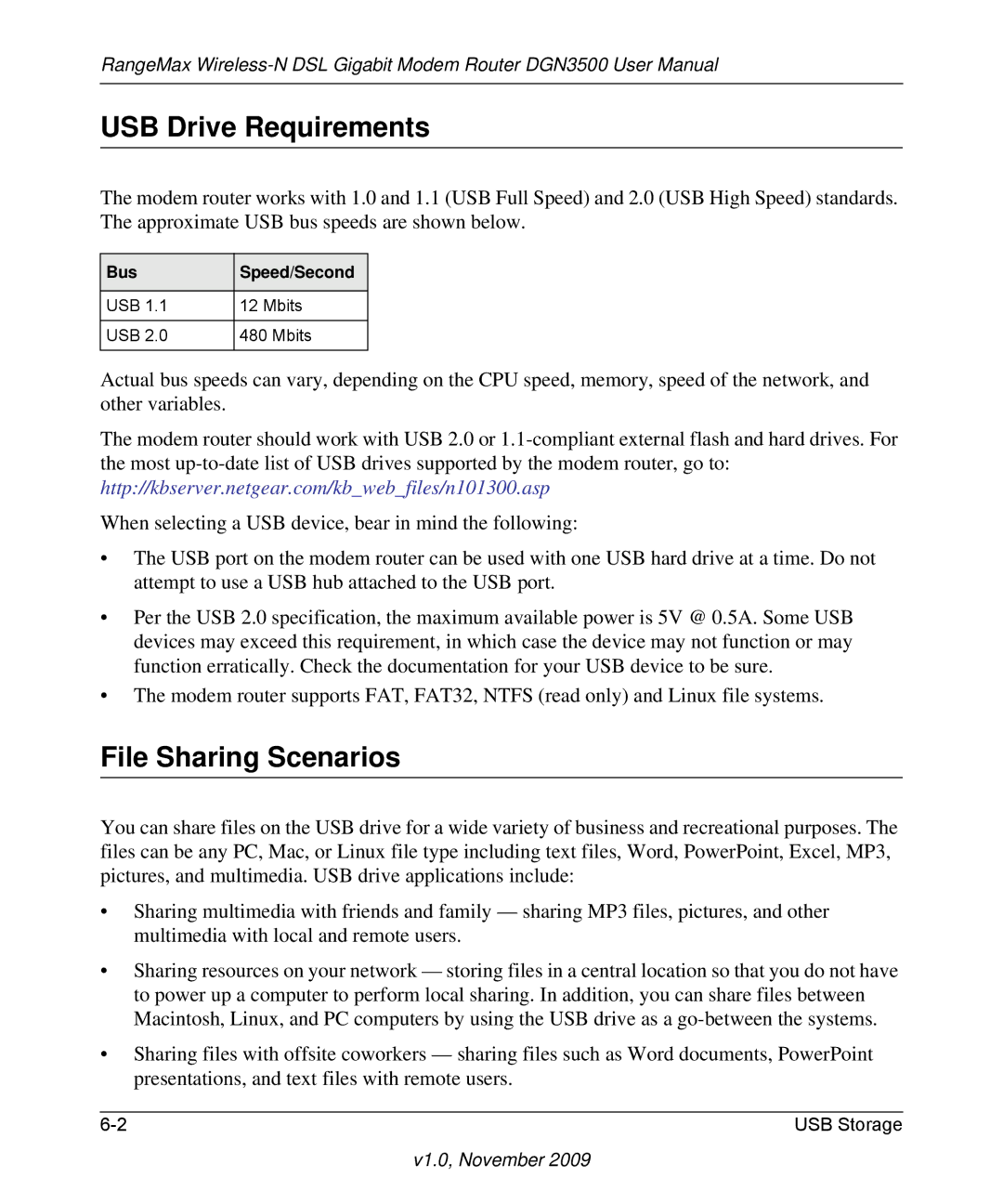 NETGEAR DGN3500-100NAS user manual USB Drive Requirements, File Sharing Scenarios, Bus Speed/Second 