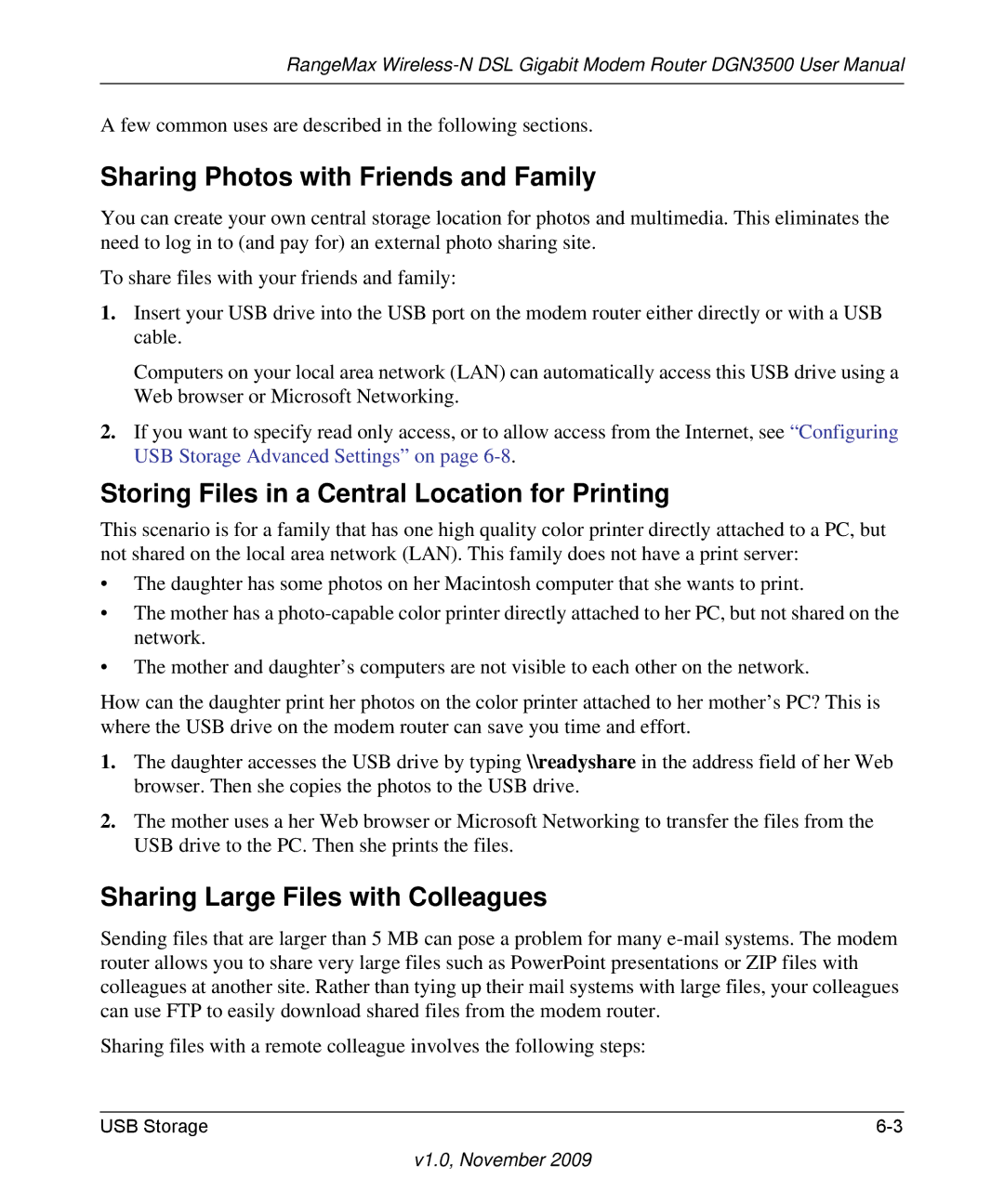 NETGEAR DGN3500-100NAS user manual Sharing Photos with Friends and Family, Storing Files in a Central Location for Printing 