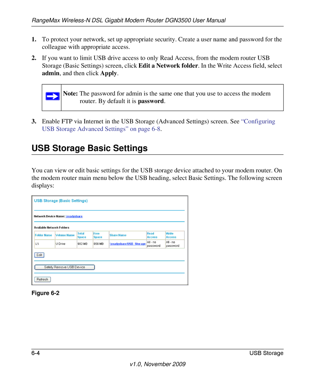 NETGEAR DGN3500-100NAS user manual USB Storage Basic Settings 