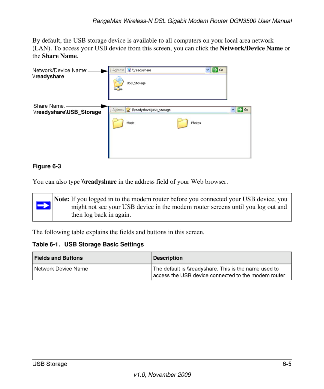 NETGEAR DGN3500-100NAS user manual USB Storage Basic Settings, readyshare\USBStorage, Fields and Buttons Description 