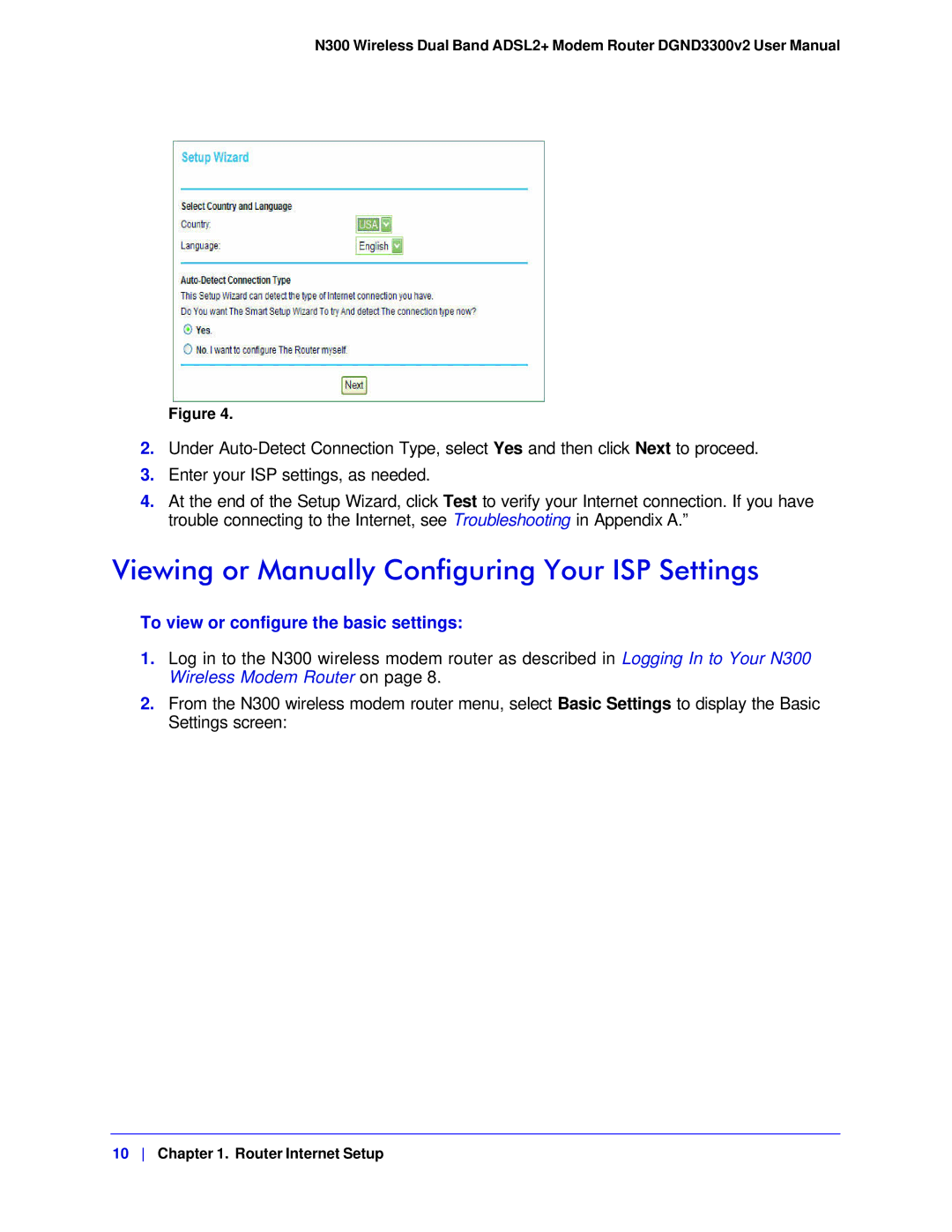 NETGEAR DGND3300-100NAS Viewing or Manually Configuring Your ISP Settings, To view or configure the basic settings 