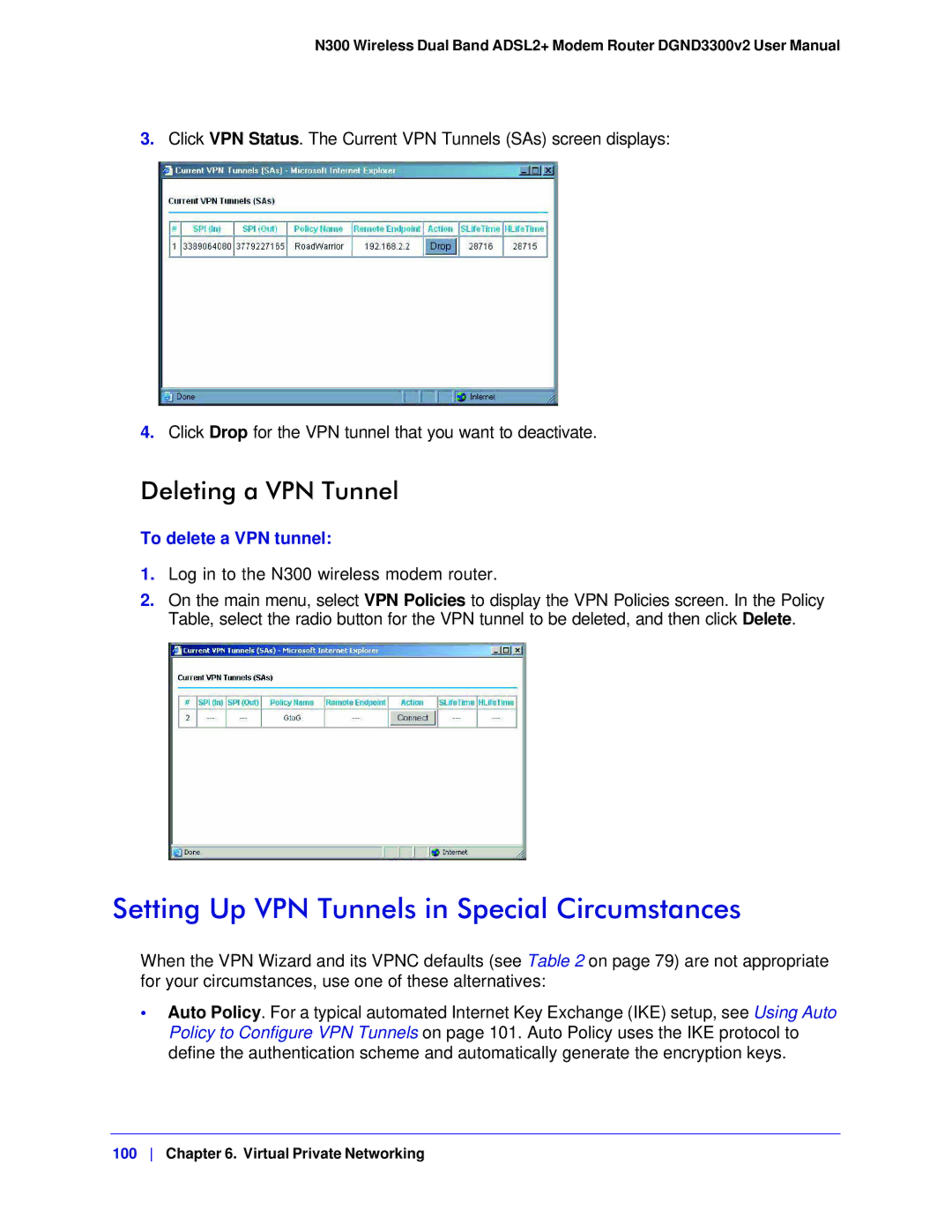 NETGEAR DGND3300-100NAS Setting Up VPN Tunnels in Special Circumstances, Deleting a VPN Tunnel, To delete a VPN tunnel 