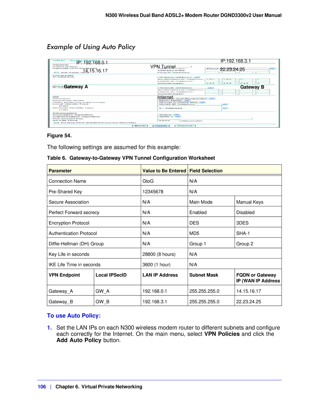 NETGEAR DGND3300-100NAS user manual Example of Using Auto Policy, To use Auto Policy 