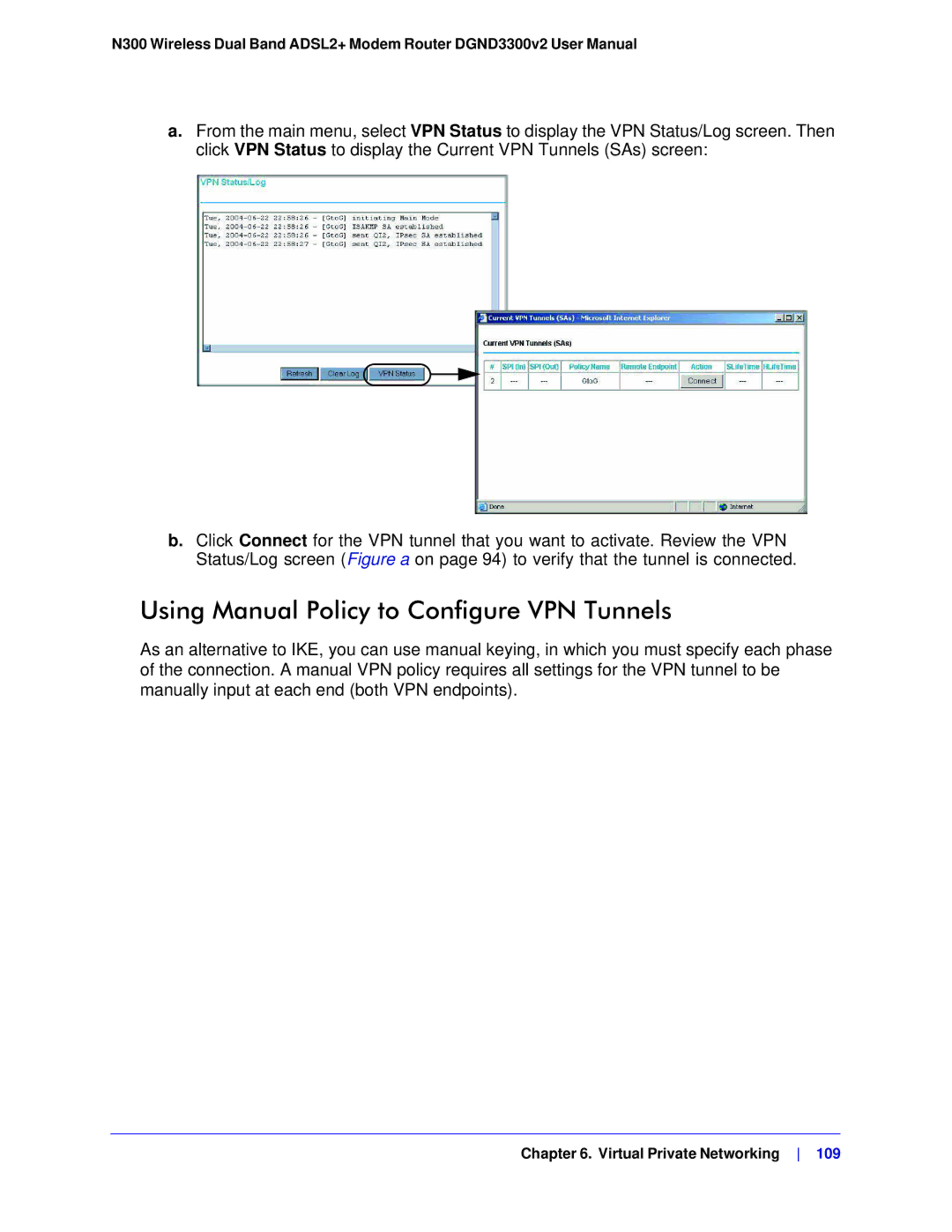 NETGEAR DGND3300-100NAS user manual Using Manual Policy to Configure VPN Tunnels 