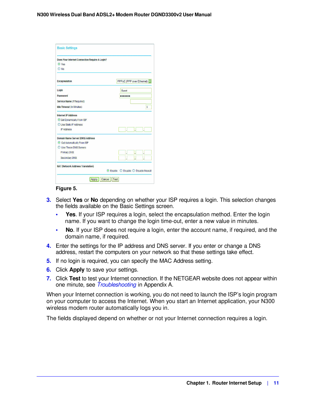 NETGEAR DGND3300-100NAS user manual Router Internet Setup 