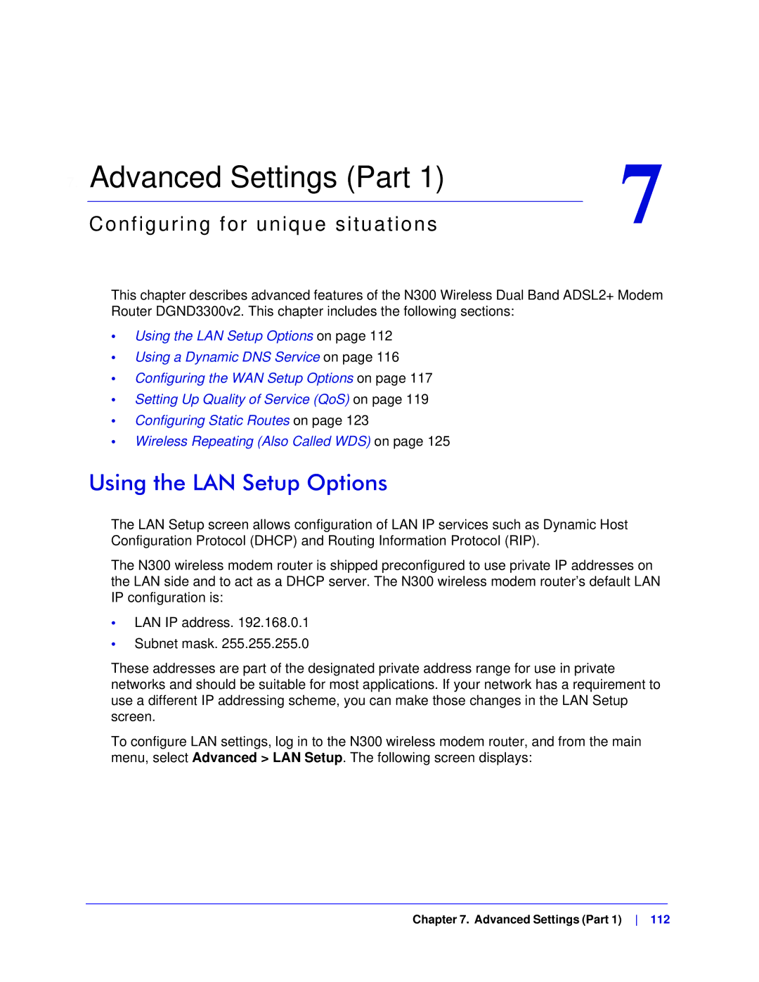 NETGEAR DGND3300-100NAS user manual Advanced Settings Part, Using the LAN Setup Options 