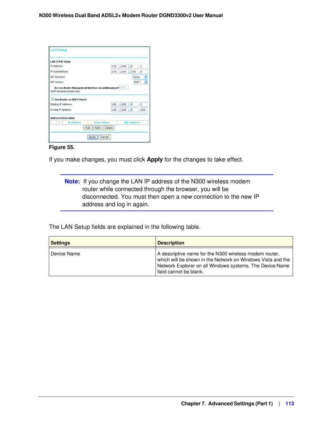 NETGEAR DGND3300-100NAS user manual Settings, Description 