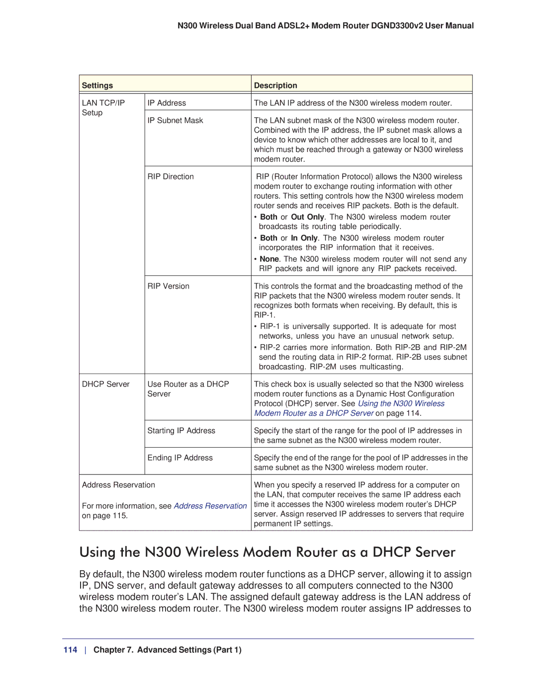 NETGEAR DGND3300-100NAS user manual Using the N300 Wireless Modem Router as a Dhcp Server, Lan Tcp/Ip 