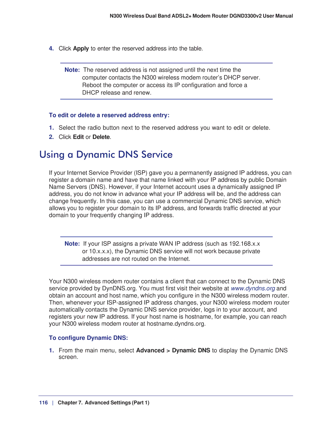 NETGEAR DGND3300-100NAS Using a Dynamic DNS Service, To edit or delete a reserved address entry, Click Edit or Delete 