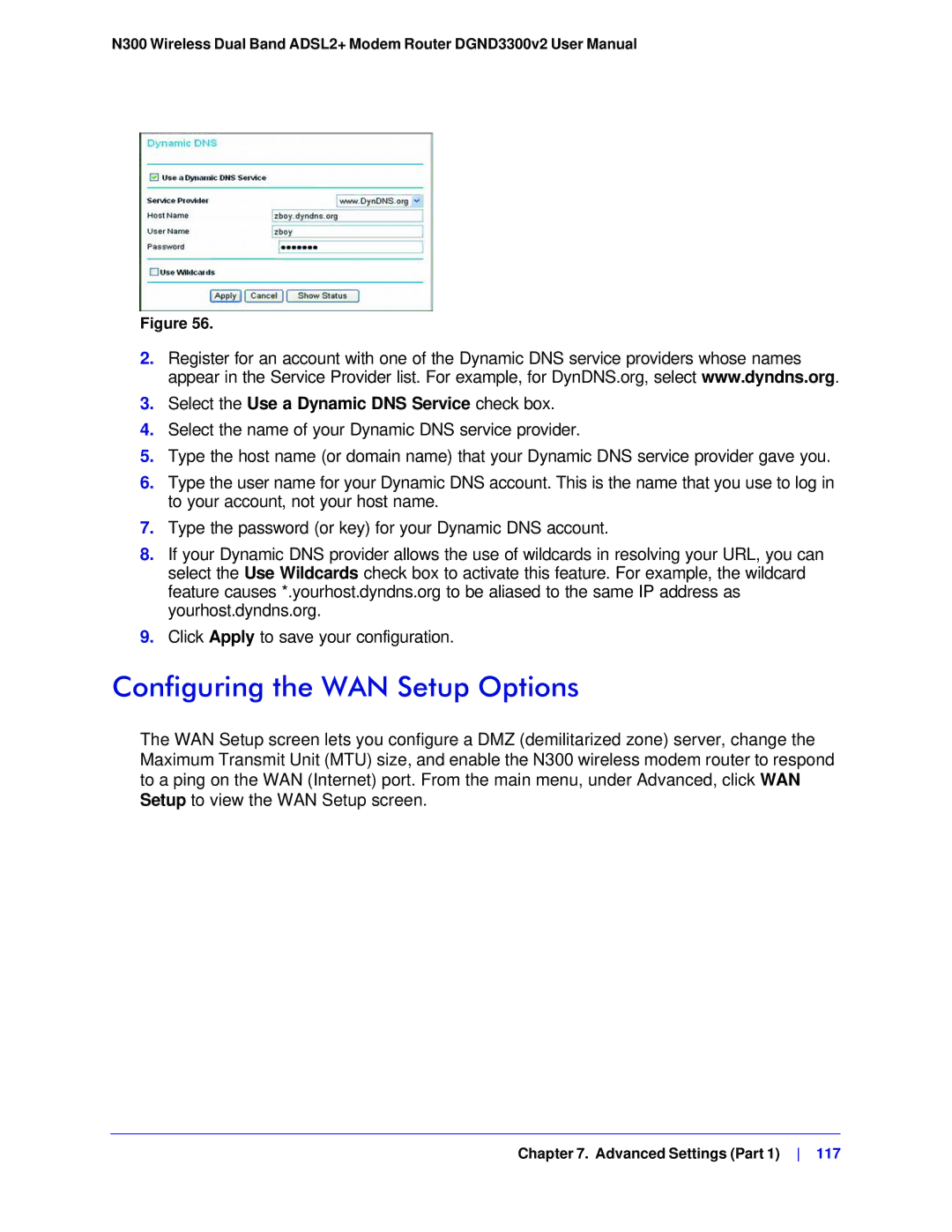 NETGEAR DGND3300-100NAS user manual Configuring the WAN Setup Options, Select the Use a Dynamic DNS Service check box 