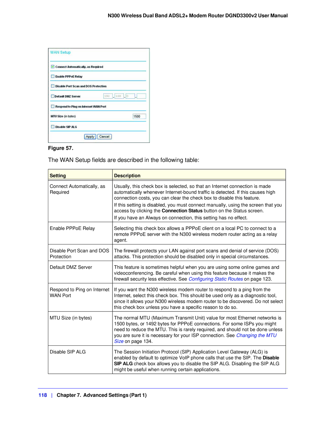 NETGEAR DGND3300-100NAS user manual WAN Setup fields are described in the following table, Setting Description 