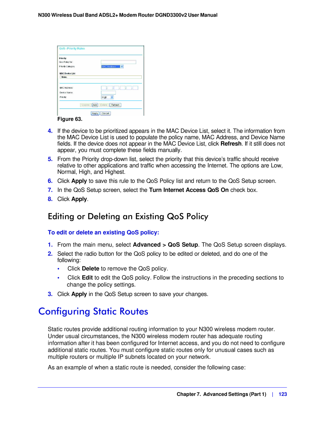 NETGEAR DGND3300-100NAS user manual Configuring Static Routes, Editing or Deleting an Existing QoS Policy 