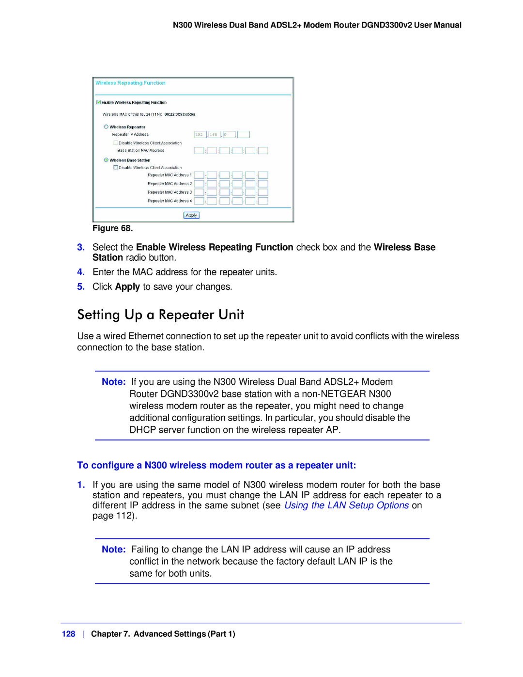 NETGEAR DGND3300-100NAS Setting Up a Repeater Unit, To configure a N300 wireless modem router as a repeater unit 