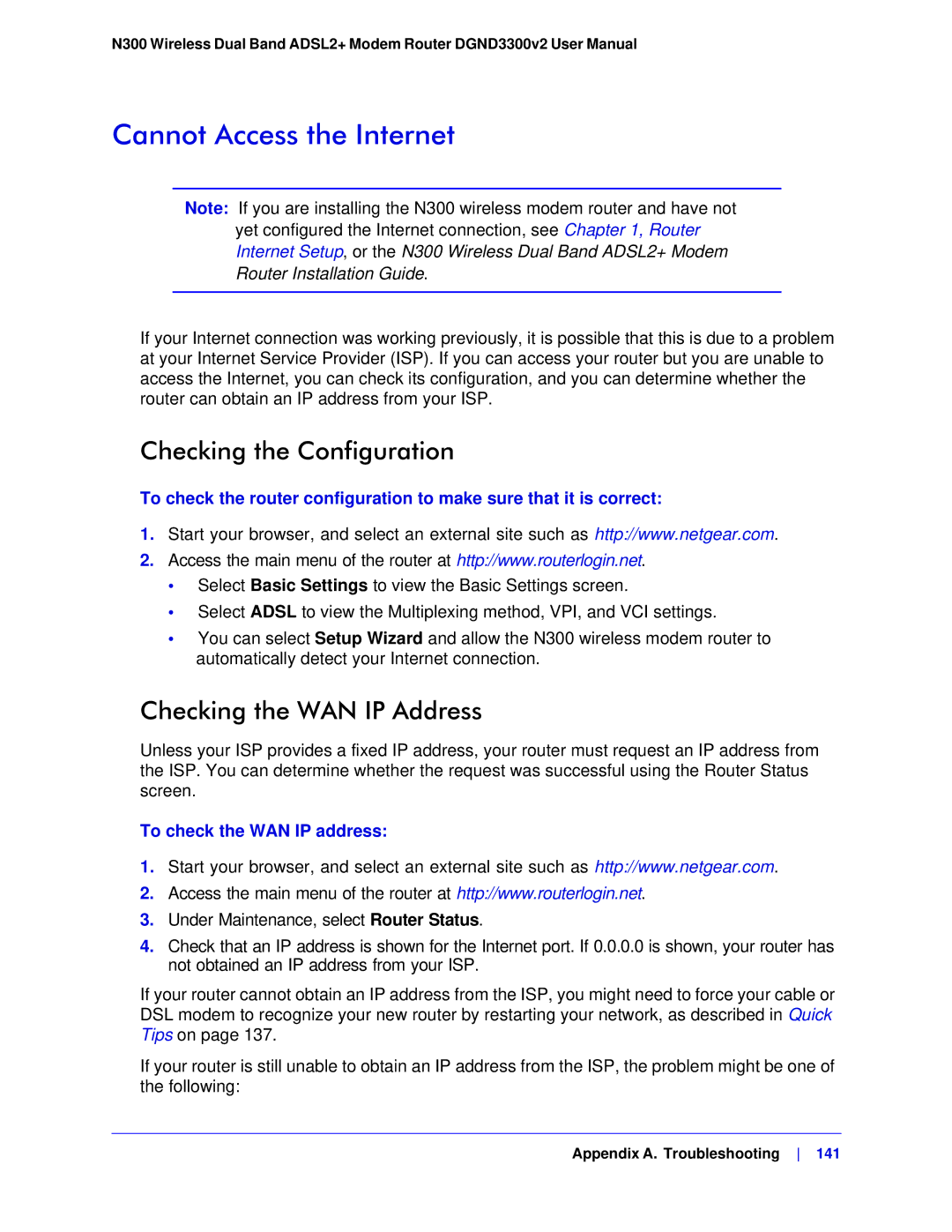 NETGEAR DGND3300-100NAS user manual Cannot Access the Internet, Checking the Configuration, Checking the WAN IP Address 