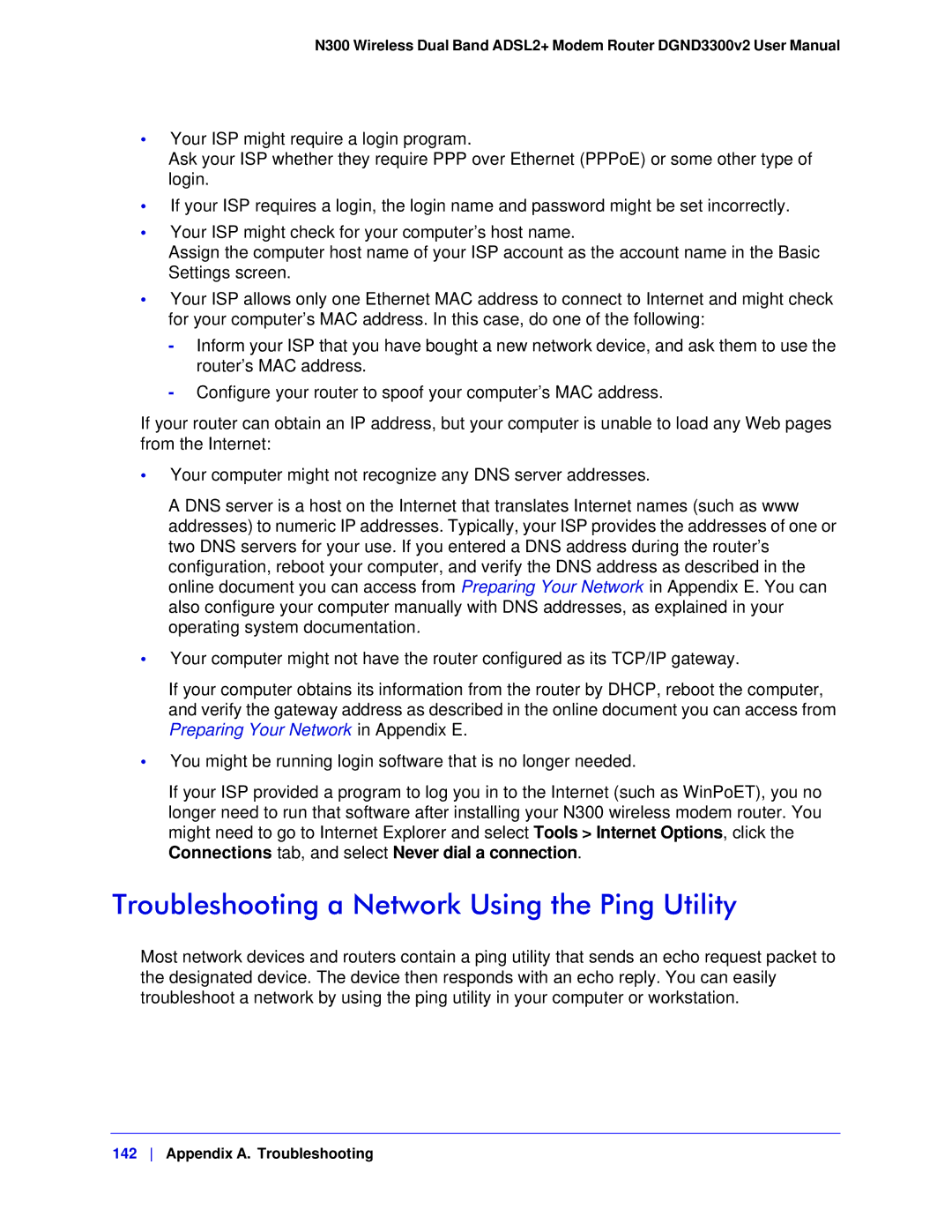 NETGEAR DGND3300-100NAS user manual Troubleshooting a Network Using the Ping Utility 