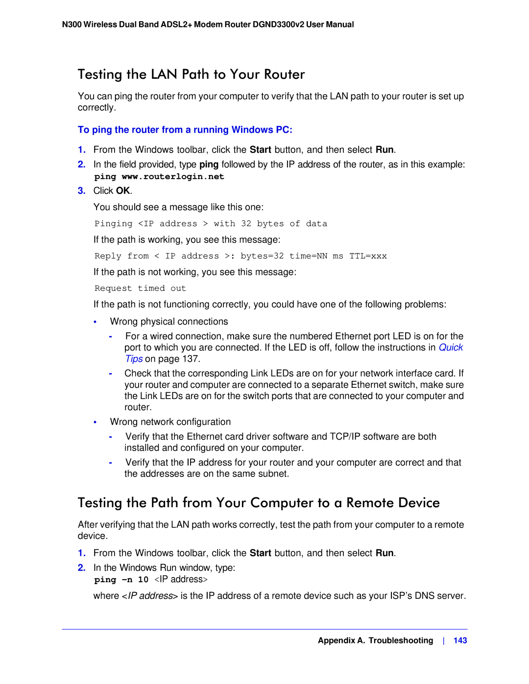 NETGEAR DGND3300-100NAS Testing the LAN Path to Your Router, Testing the Path from Your Computer to a Remote Device 