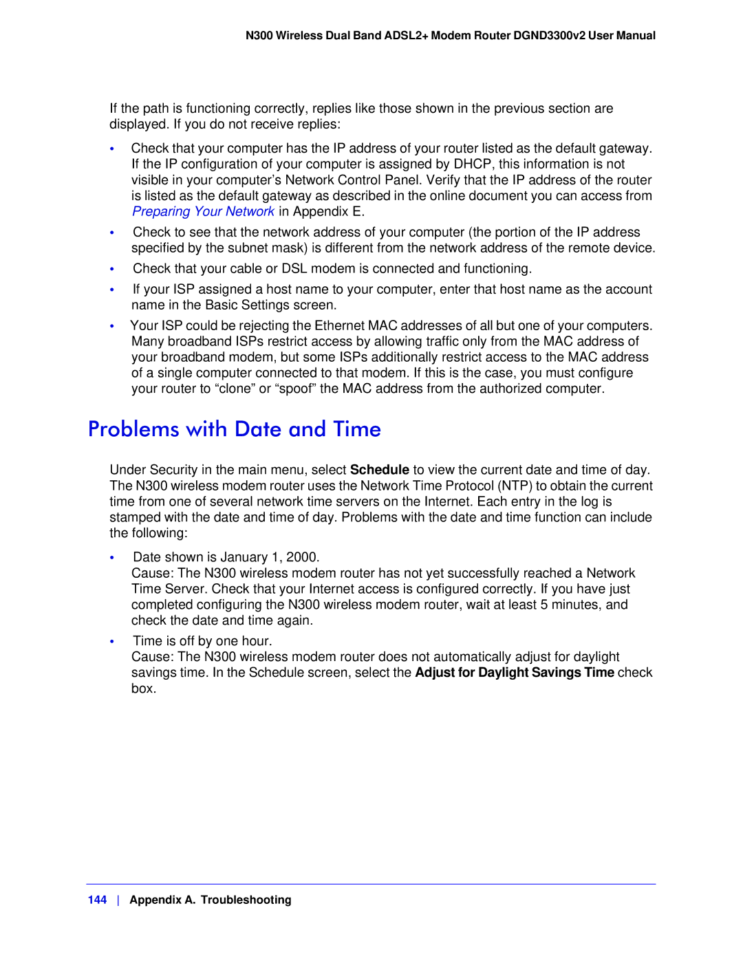 NETGEAR DGND3300-100NAS user manual Problems with Date and Time 