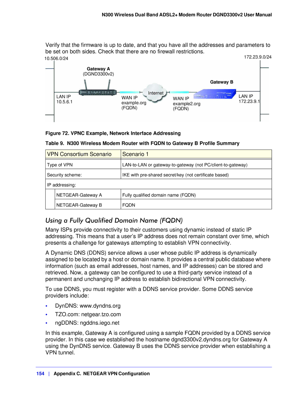 NETGEAR DGND3300-100NAS user manual Using a Fully Qualified Domain Name Fqdn, VPN Consortium Scenario 