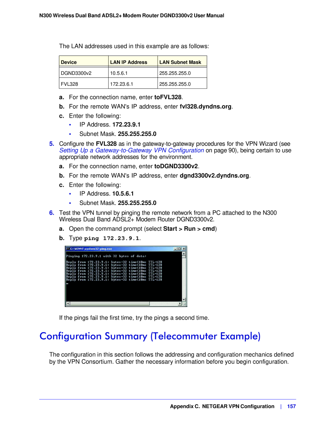 NETGEAR DGND3300-100NAS user manual Configuration Summary Telecommuter Example, Device LAN IP Address LAN Subnet Mask 