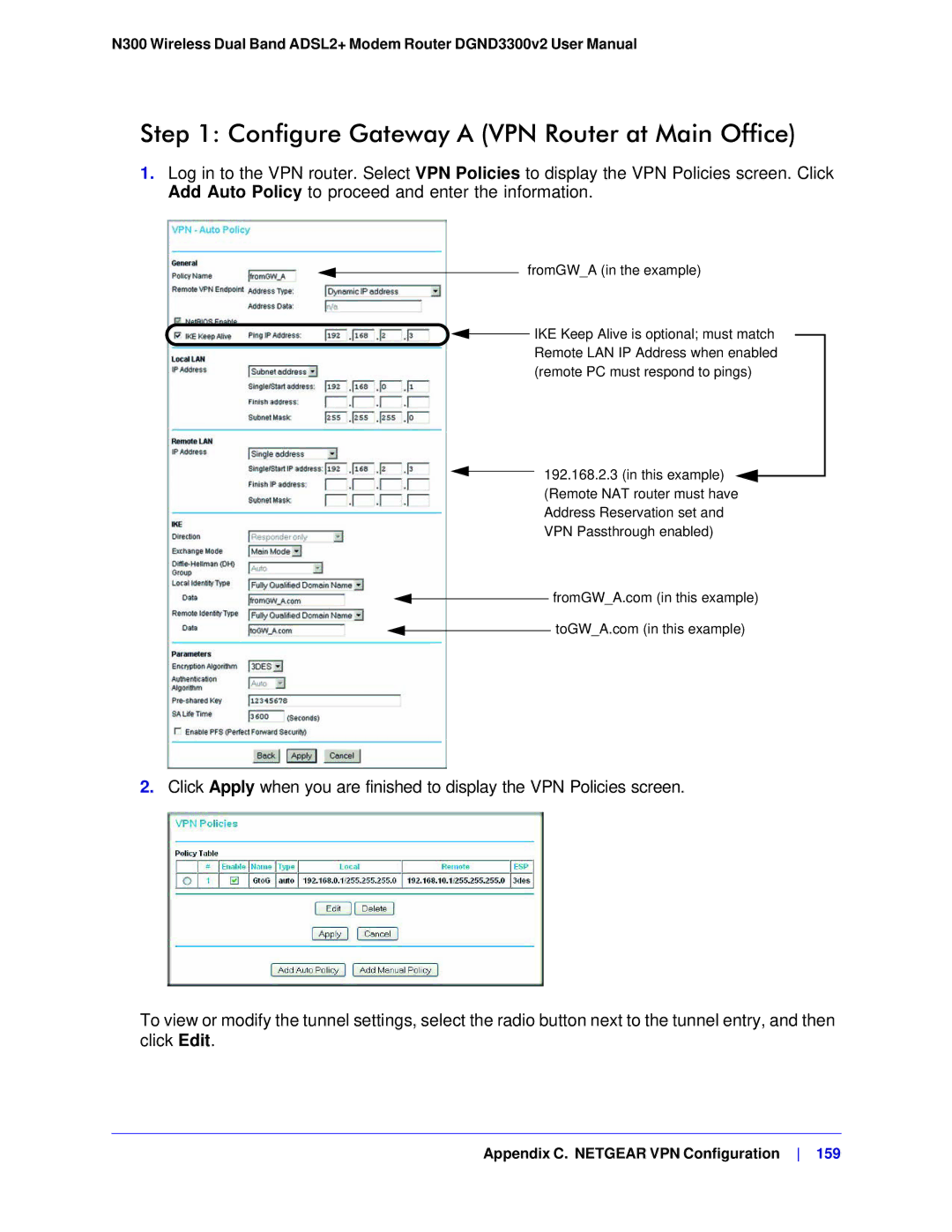 NETGEAR DGND3300-100NAS user manual Configure Gateway a VPN Router at Main Office 