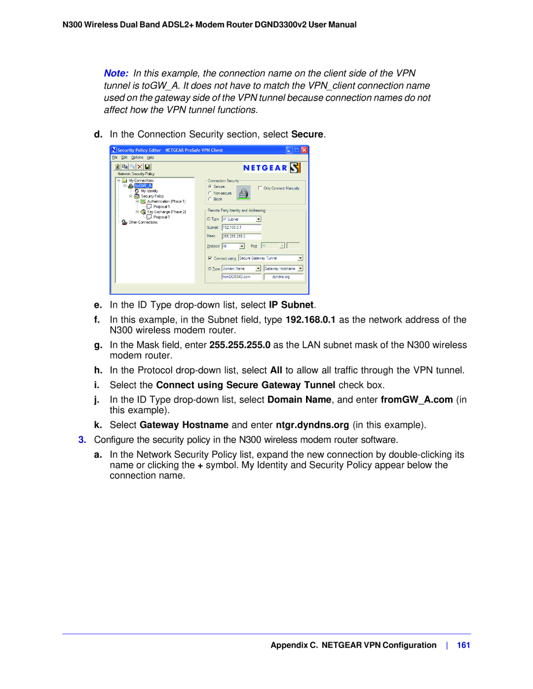 NETGEAR DGND3300-100NAS user manual Connection Security section, select Secure 