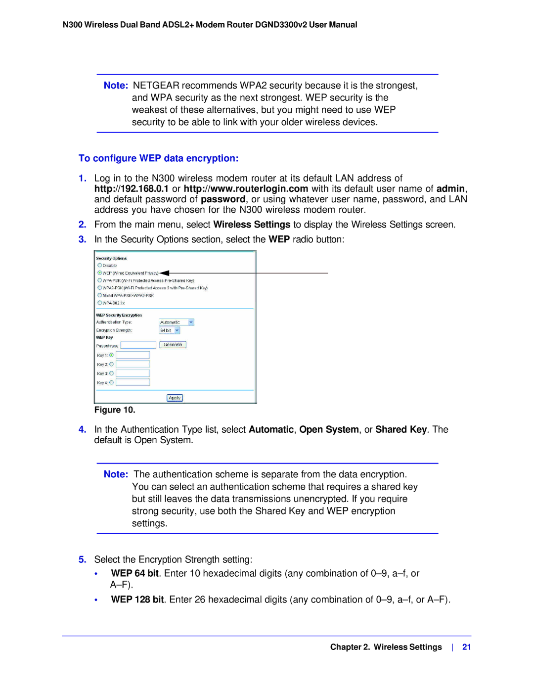 NETGEAR DGND3300-100NAS user manual To configure WEP data encryption 