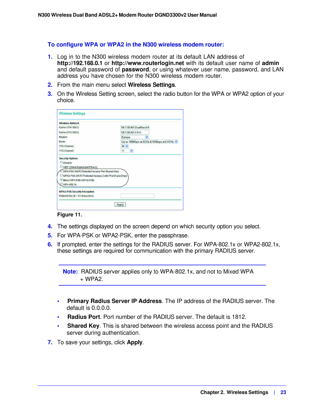 NETGEAR DGND3300-100NAS user manual To configure WPA or WPA2 in the N300 wireless modem router 