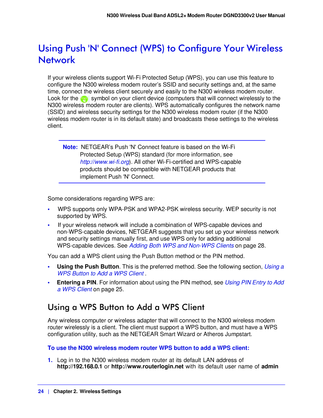 NETGEAR DGND3300-100NAS user manual Using Push N Connect WPS to Configure Your Wireless Network 