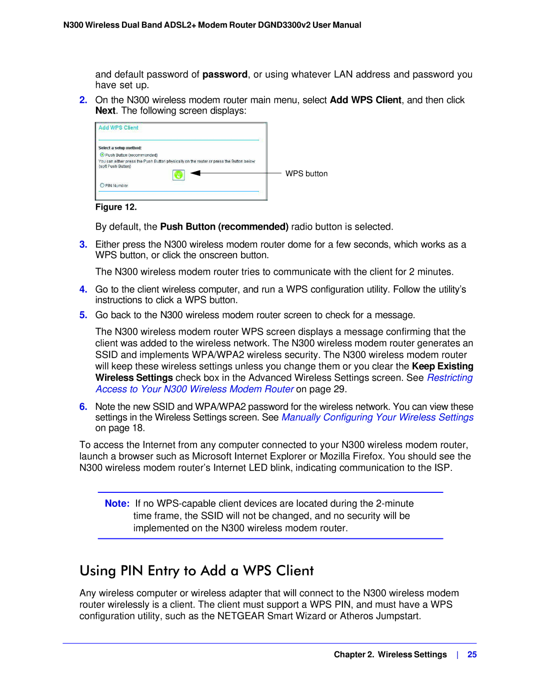 NETGEAR DGND3300-100NAS user manual Using PIN Entry to Add a WPS Client 