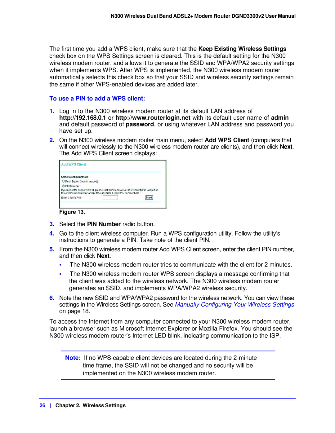 NETGEAR DGND3300-100NAS user manual To use a PIN to add a WPS client 