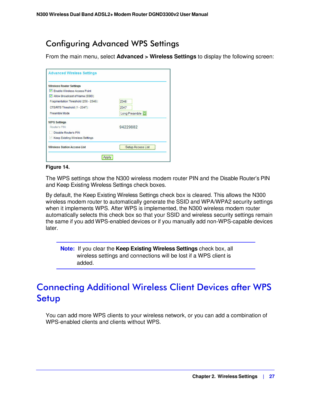 NETGEAR DGND3300-100NAS user manual Configuring Advanced WPS Settings 