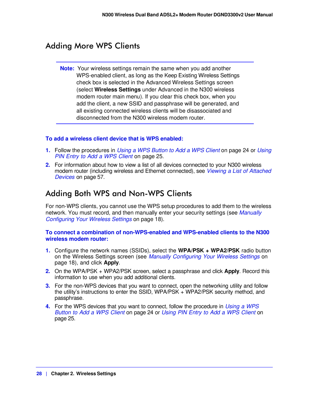 NETGEAR DGND3300-100NAS user manual Adding More WPS Clients, Adding Both WPS and Non-WPS Clients 