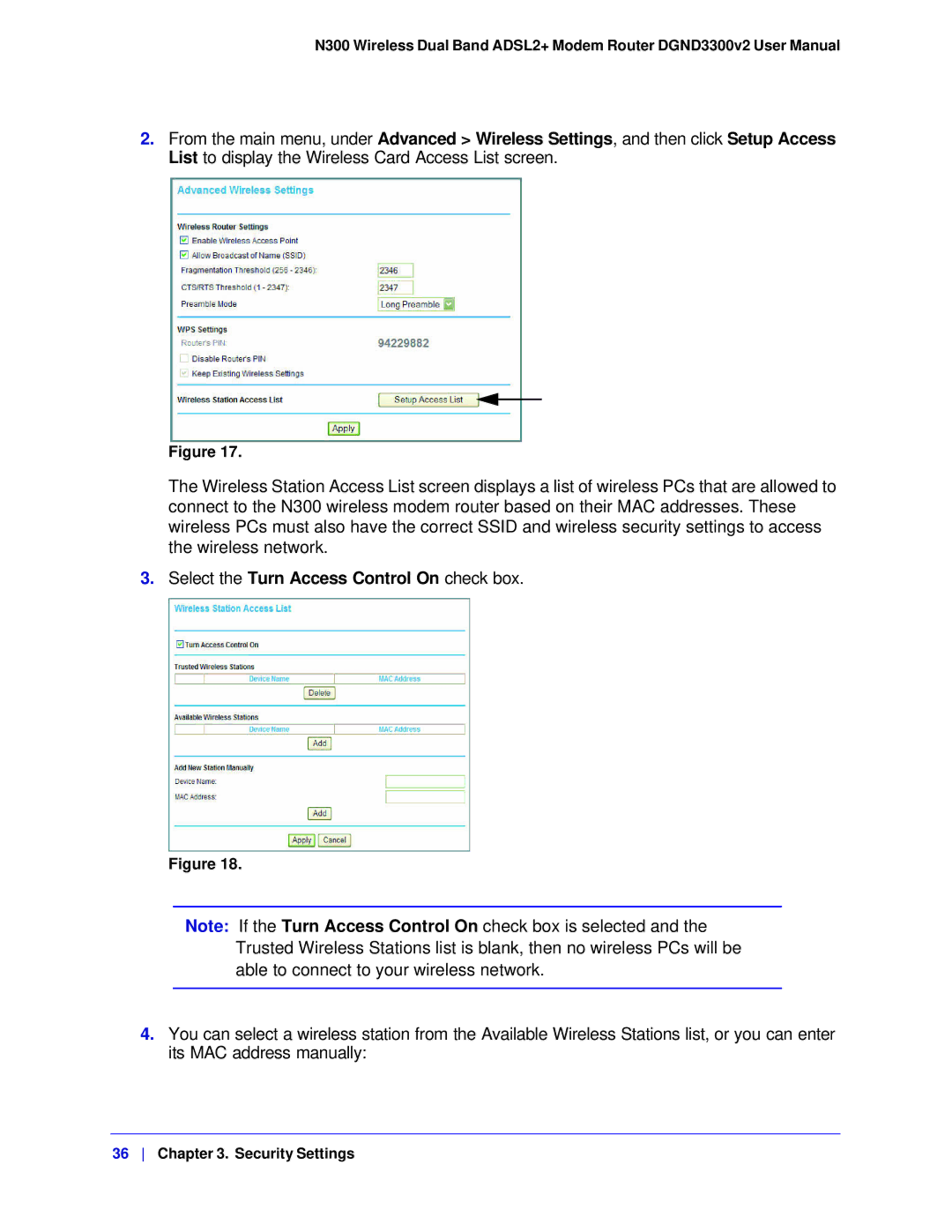 NETGEAR DGND3300-100NAS user manual Select the Turn Access Control On check box 