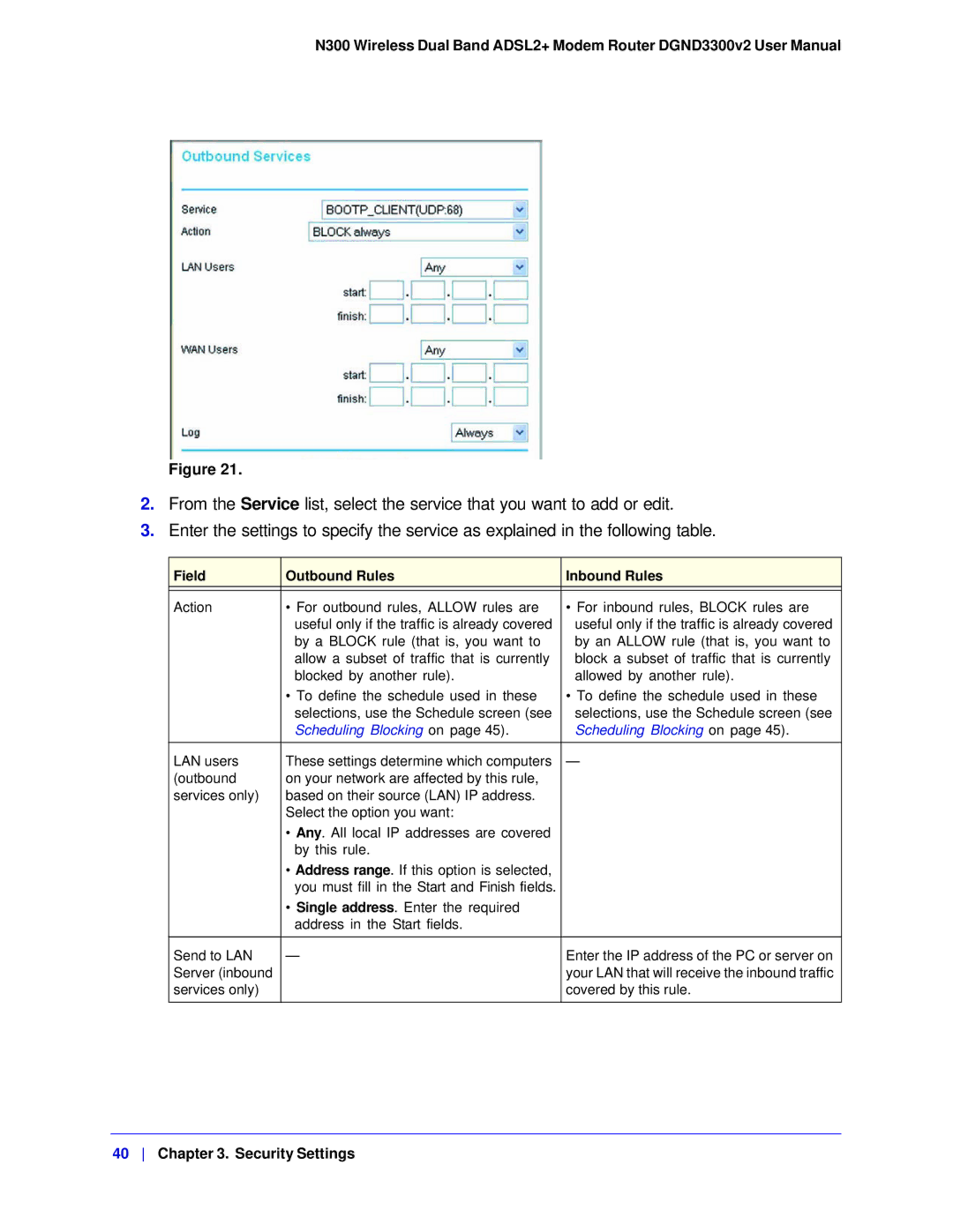 NETGEAR DGND3300-100NAS user manual Field Outbound Rules Inbound Rules, Scheduling Blocking on 