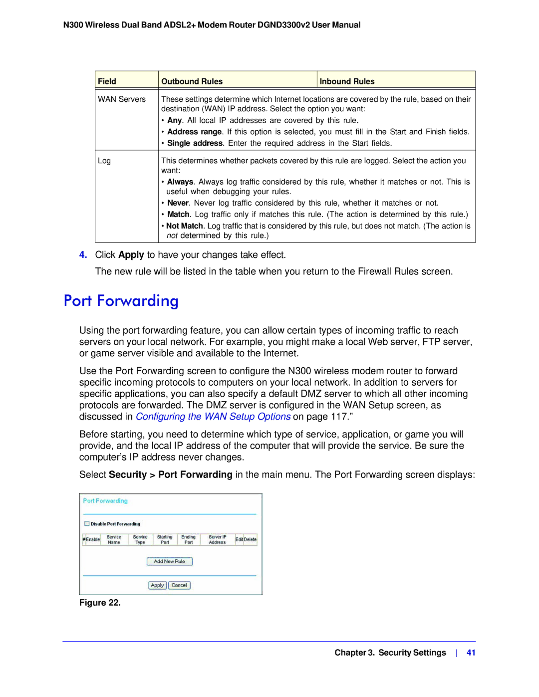 NETGEAR DGND3300-100NAS user manual Port Forwarding 