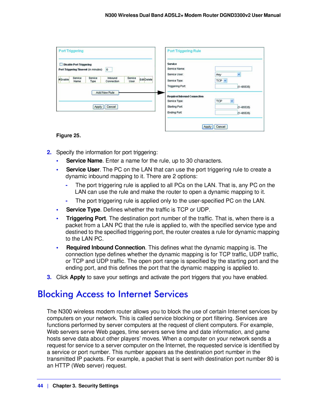 NETGEAR DGND3300-100NAS user manual Blocking Access to Internet Services 