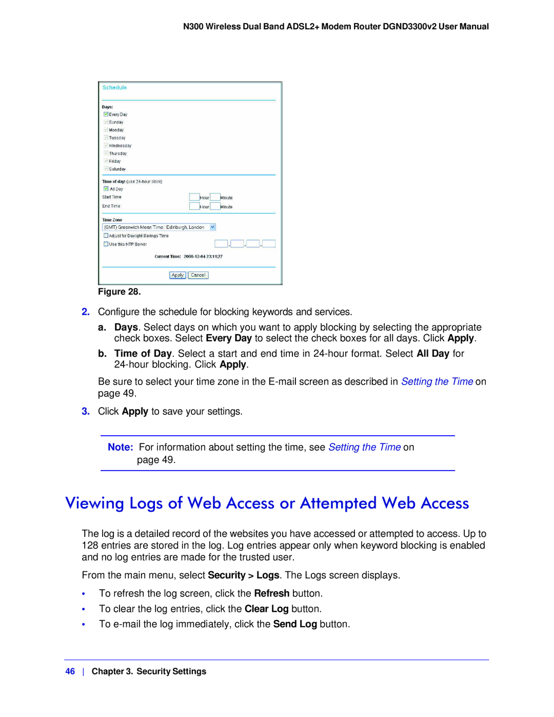 NETGEAR DGND3300-100NAS user manual Viewing Logs of Web Access or Attempted Web Access 