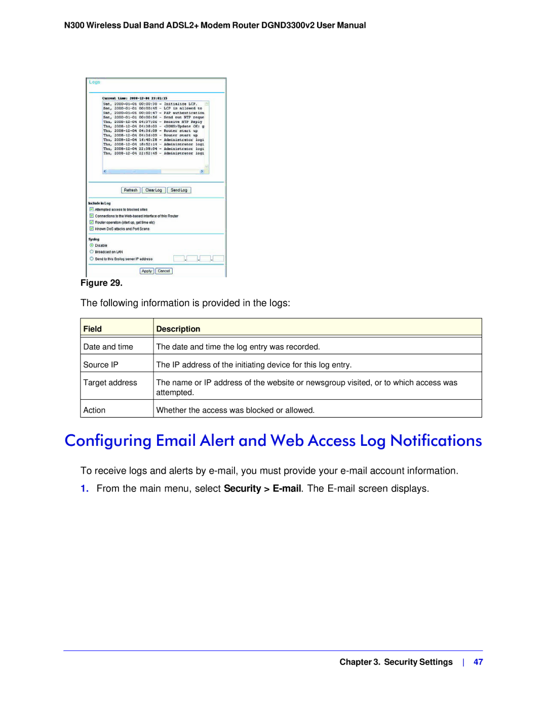 NETGEAR DGND3300-100NAS user manual Configuring Email Alert and Web Access Log Notifications, Field Description 