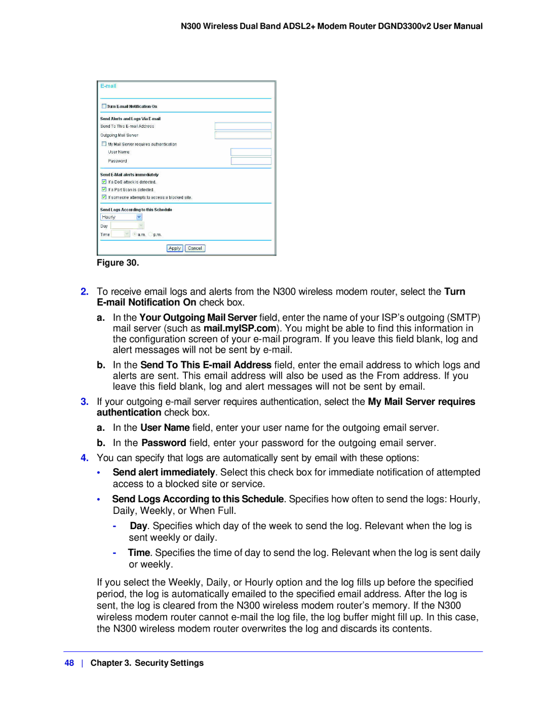 NETGEAR DGND3300-100NAS user manual Security Settings 