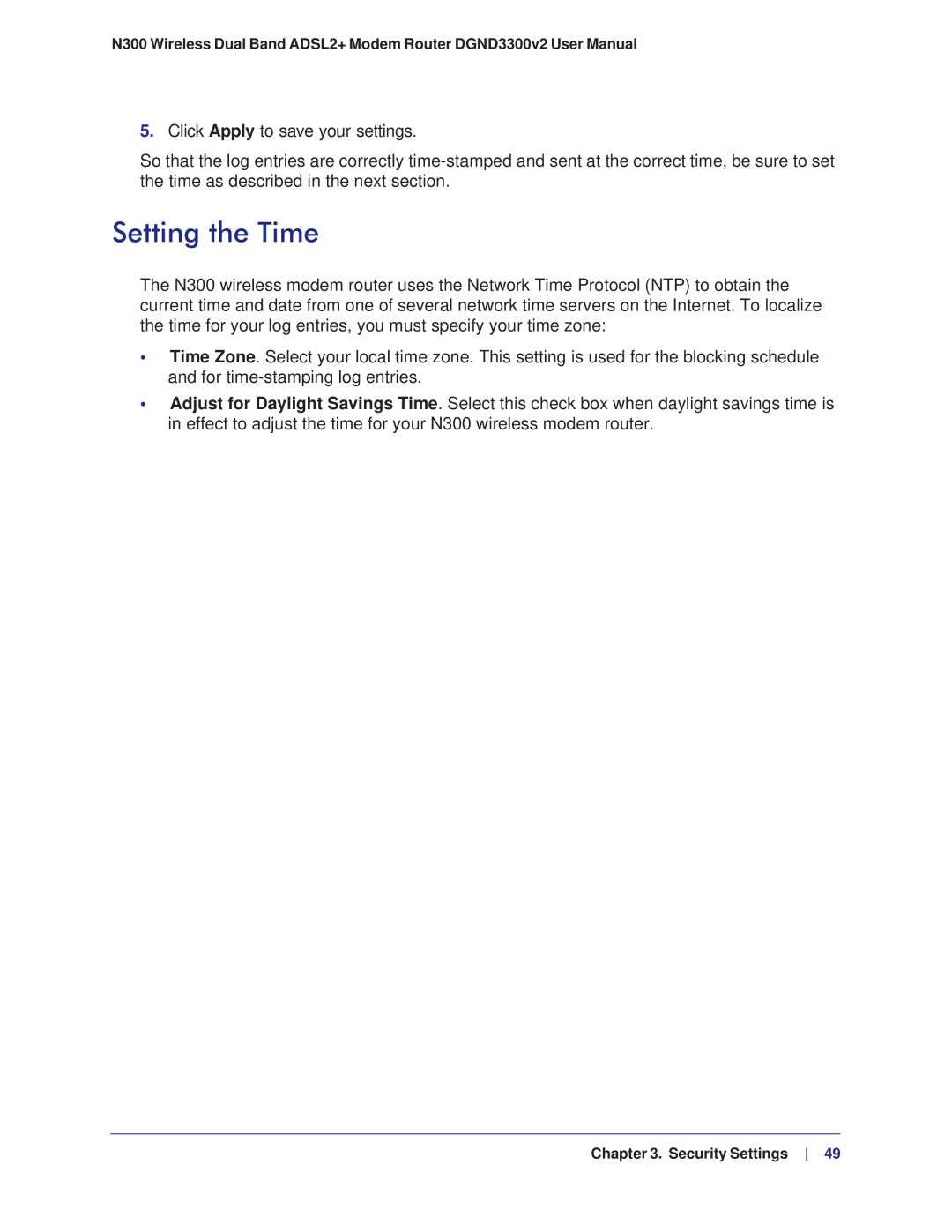 NETGEAR DGND3300-100NAS user manual Setting the Time 