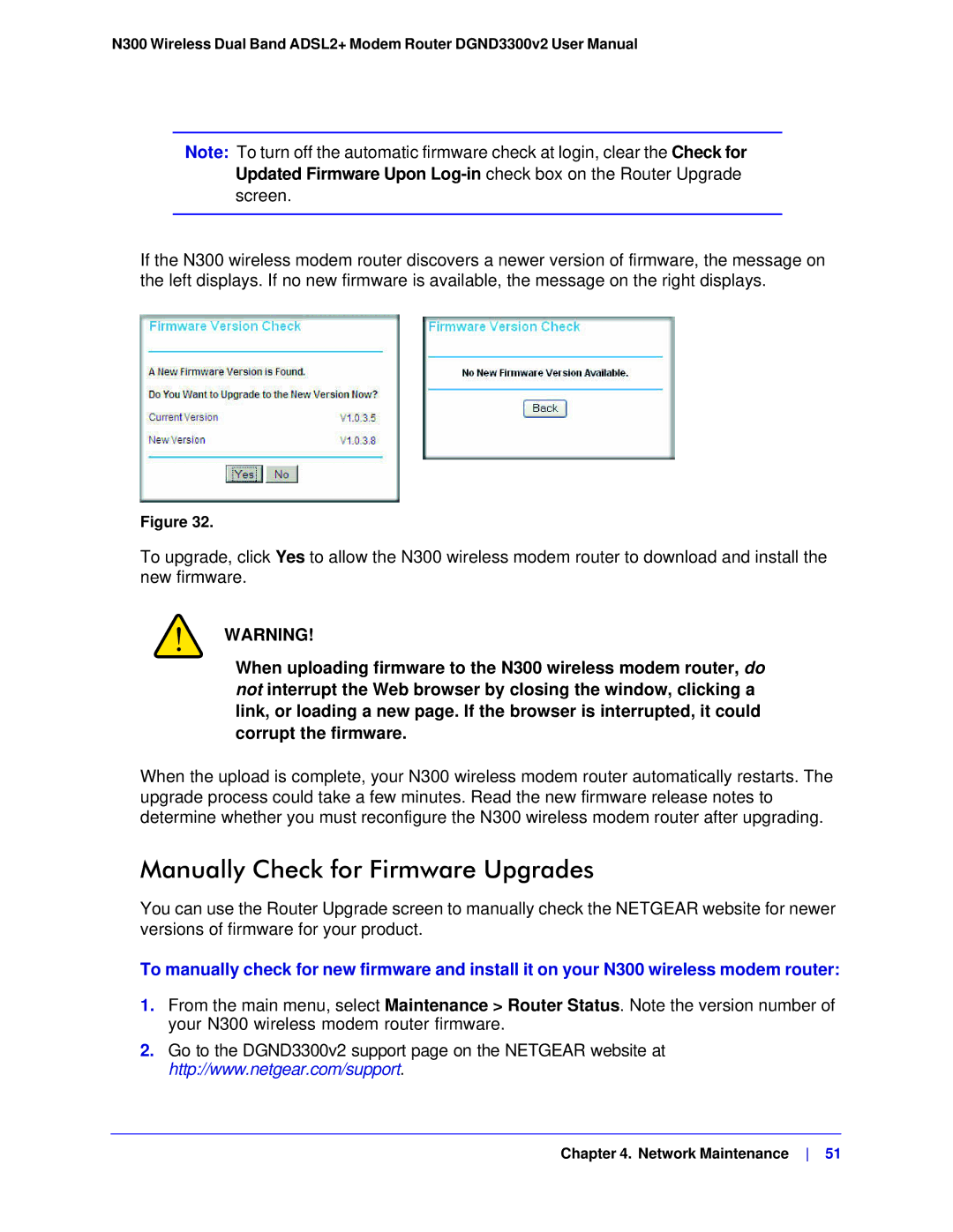 NETGEAR DGND3300-100NAS user manual Manually Check for Firmware Upgrades 