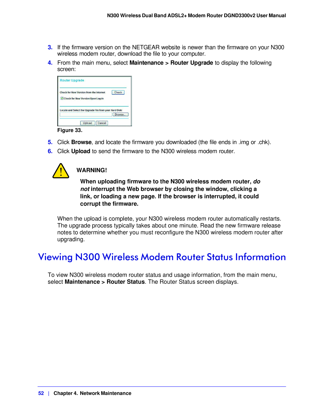 NETGEAR DGND3300-100NAS user manual Viewing N300 Wireless Modem Router Status Information 