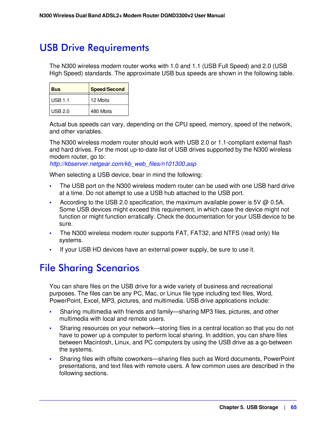 NETGEAR DGND3300-100NAS user manual USB Drive Requirements, File Sharing Scenarios, Bus Speed/Second 