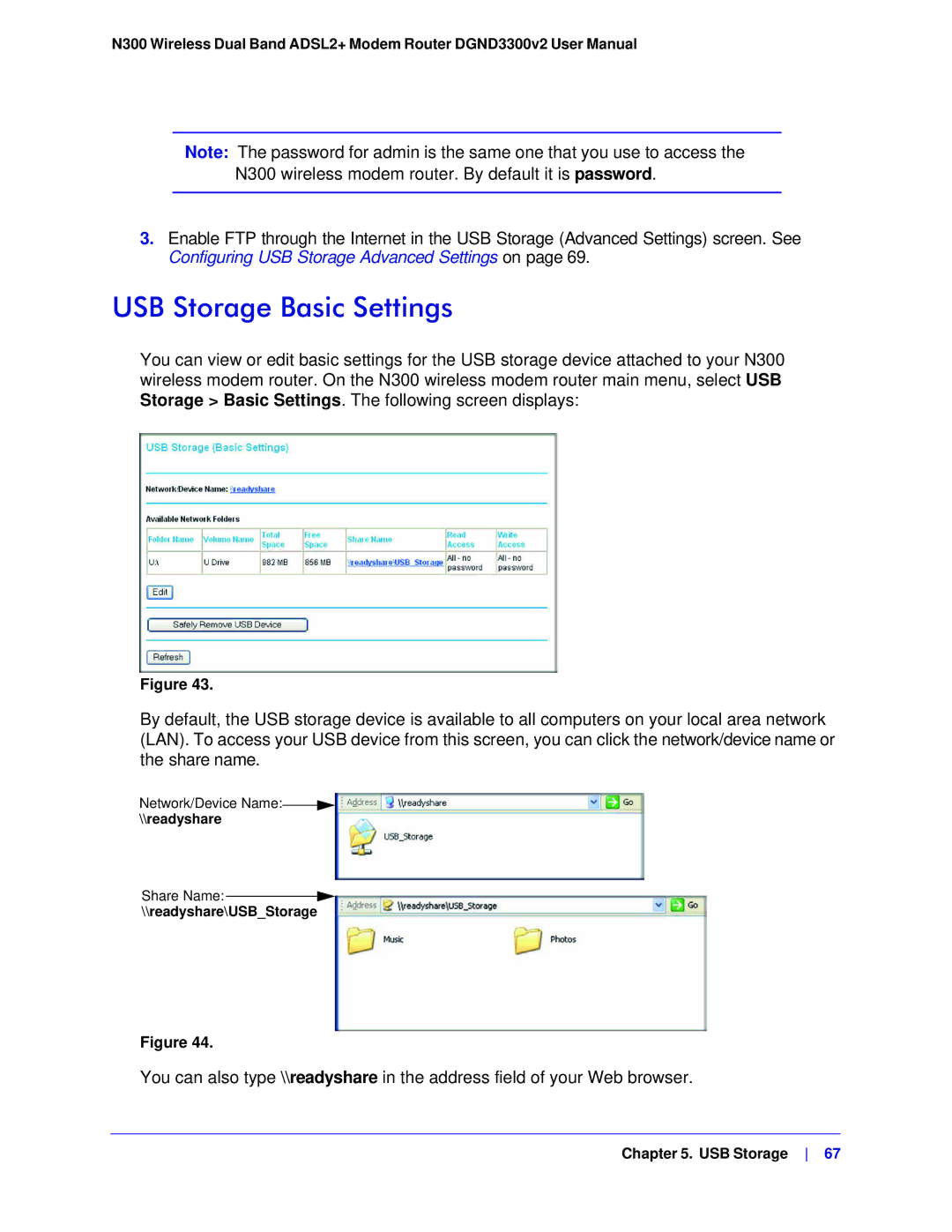 NETGEAR DGND3300-100NAS user manual USB Storage Basic Settings, readyshare\USBStorage 