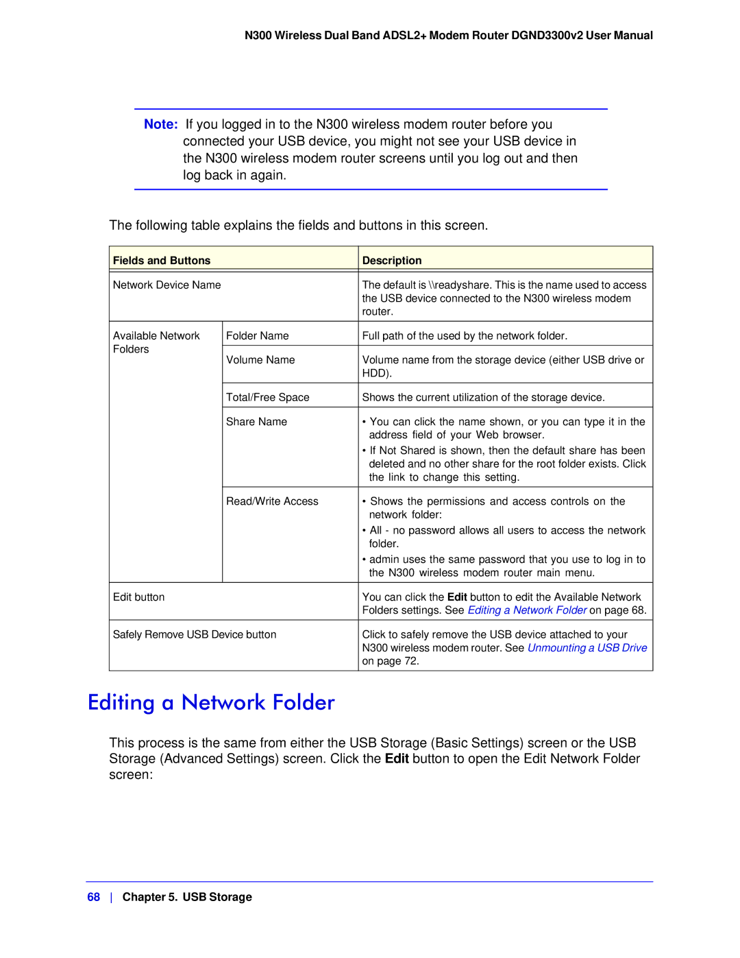 NETGEAR DGND3300-100NAS user manual Editing a Network Folder, Fields and Buttons Description 