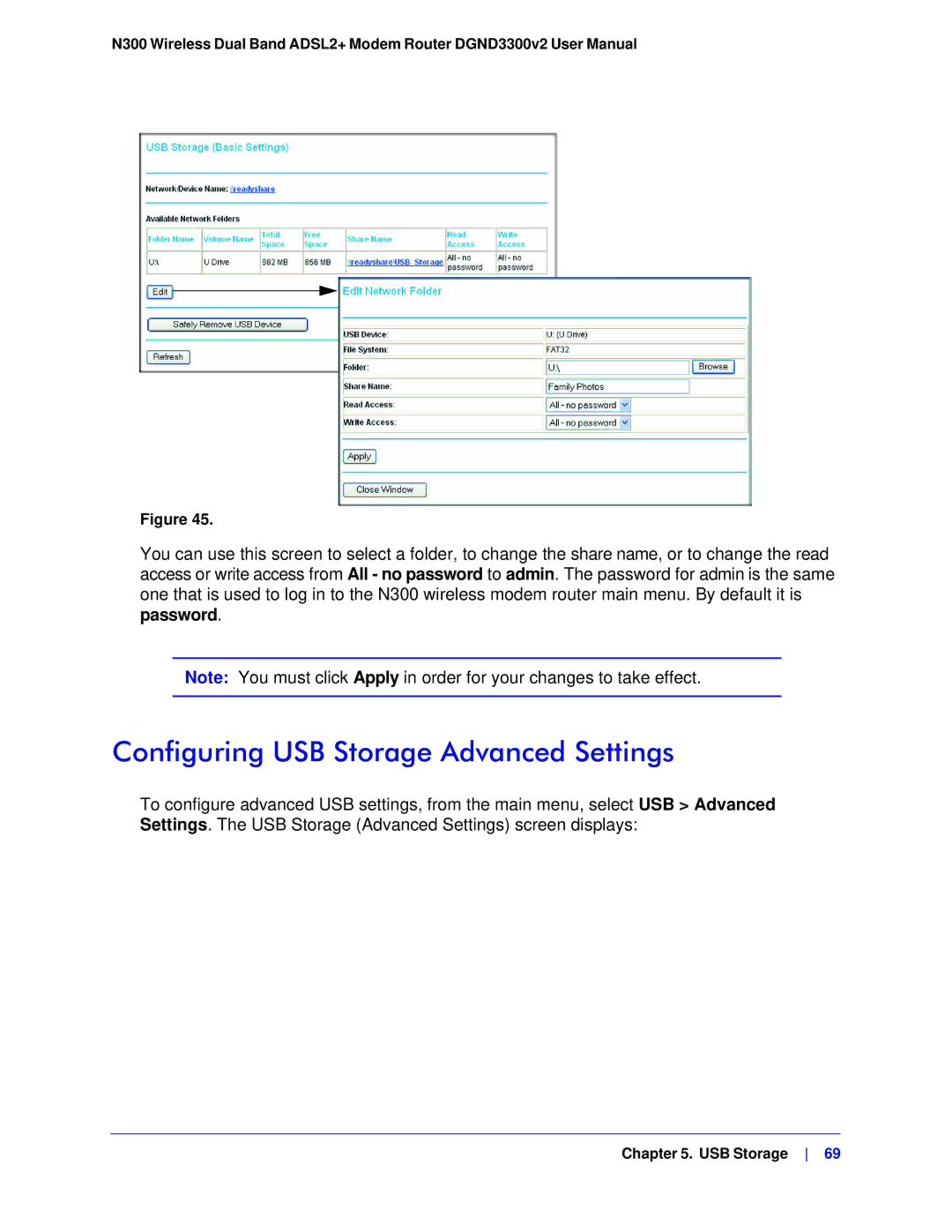 NETGEAR DGND3300-100NAS user manual Configuring USB Storage Advanced Settings 